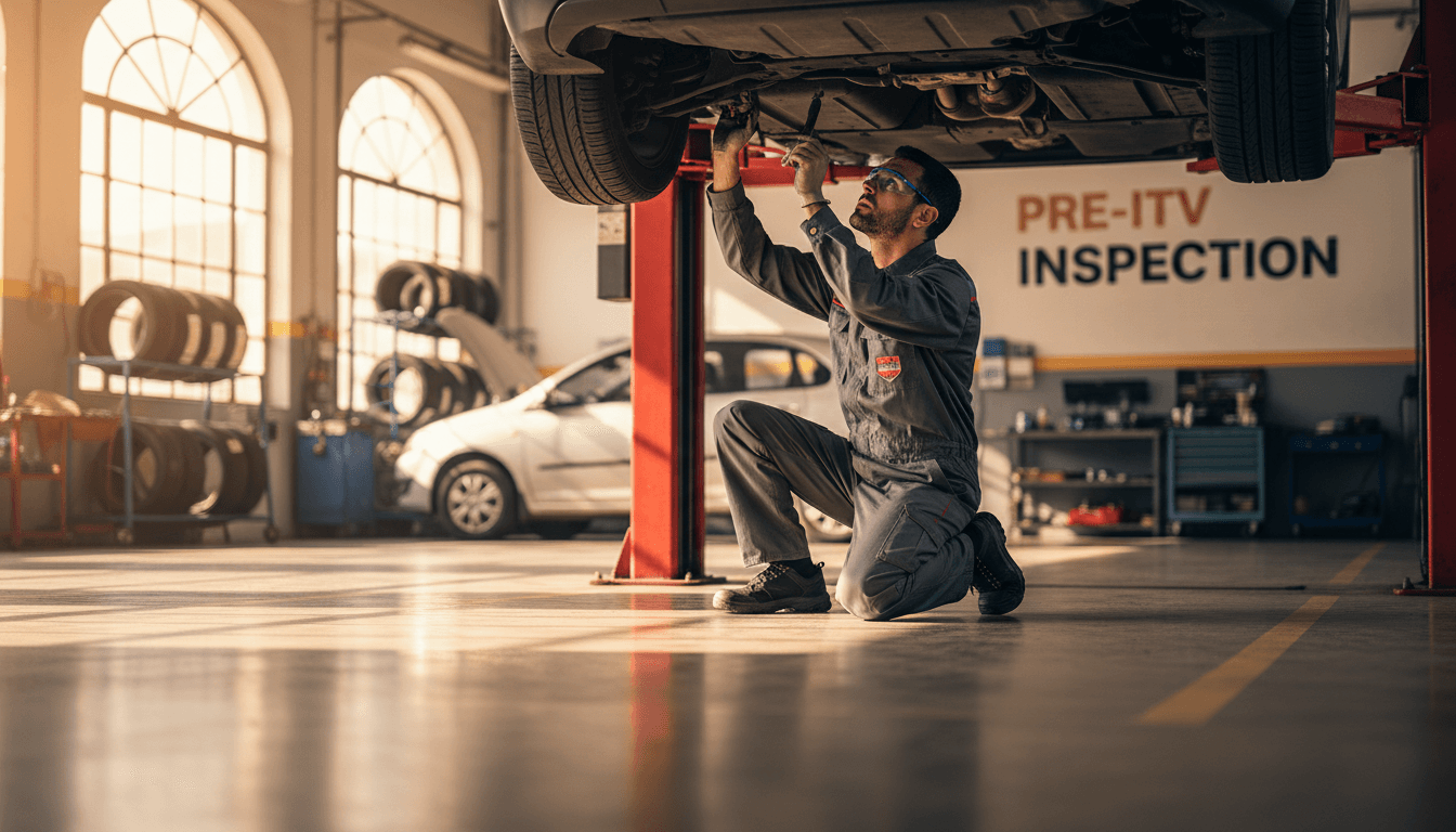 Inspector profesional realizando inspección técnica de vehículos en taller